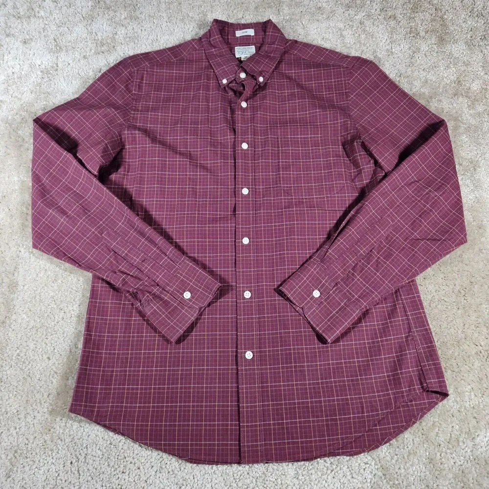 J Crew Stretch Slim Button Down Mens Medium Red Check Long Sleeve Organic